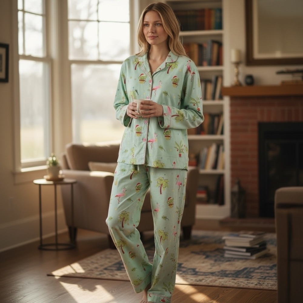 P J Salvage Pajamas Set, Flamingos Cactus Cotton Flannel size Small